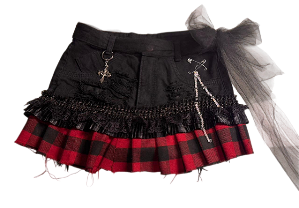 Saia preta star com detalhes de renda e xadrez