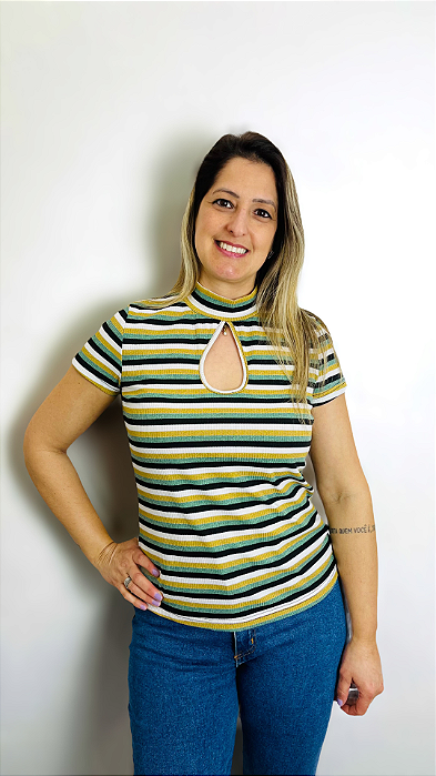 BLUSA LISTRADA VERDE, DOURADA E BRANCA M/G