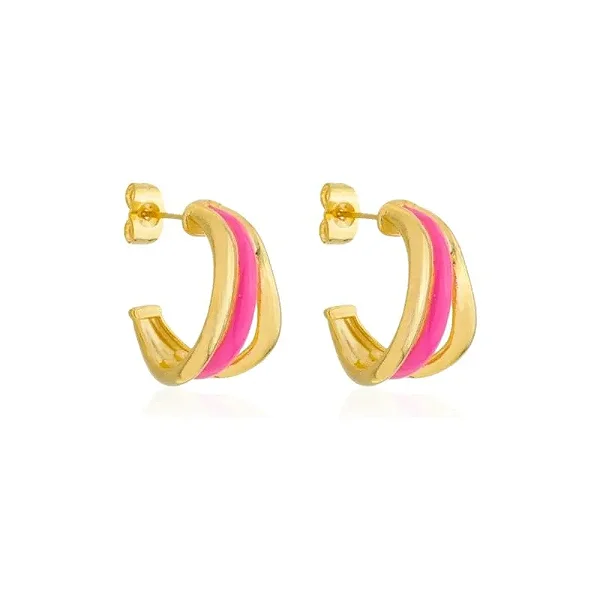 BRINCO ARGOLA TRÊS ARCOS ROSA BANHADO A OURO 18K