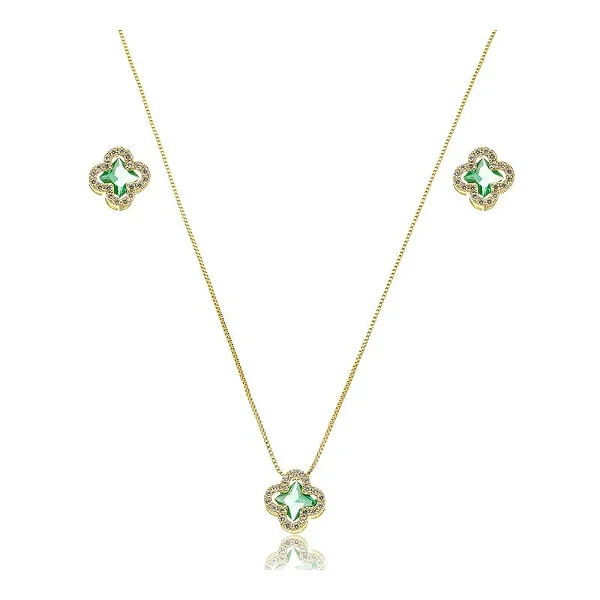 FLOR RICA VERDE ESMERALDA CONJUNTO CRAVEJADO BANHADO A OURO 18K
