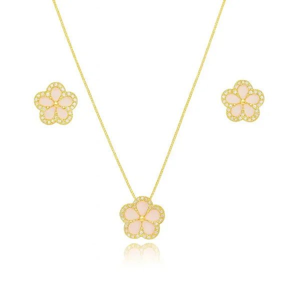FLOR ROSA DELICADA CONJUNTO BANHADO A OURO 18K