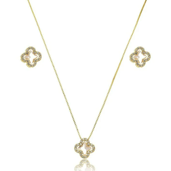 FLOR RICA ROSA CONJUNTO CRAVEJADO BANHADO A OURO 18K