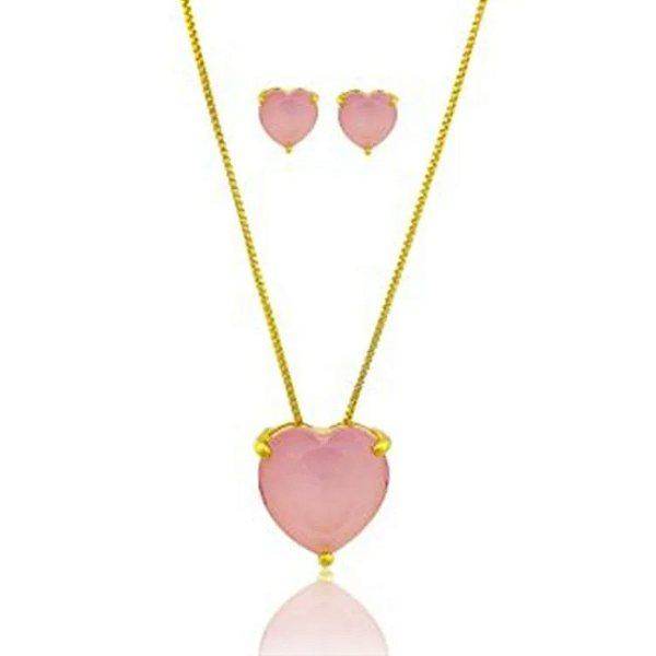 COEUR ROSE PIERRE CONJUNTO BANHADO A OURO 18K