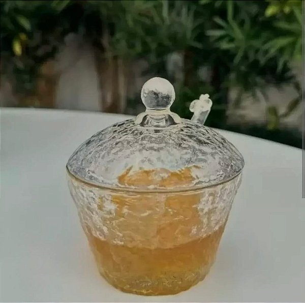 Meleira de Cristal com Colher e Tampa Borda Dourada Petra – 10cm | Lyor