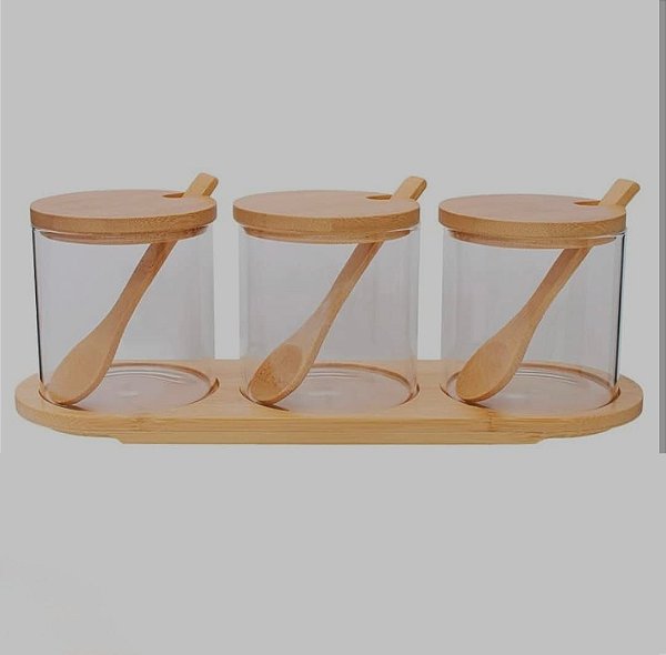 Jogo de Potes de Vidro Borossilicato com Tampa e Suporte Bambu – Ecokitchen | 29x9,5x10cm