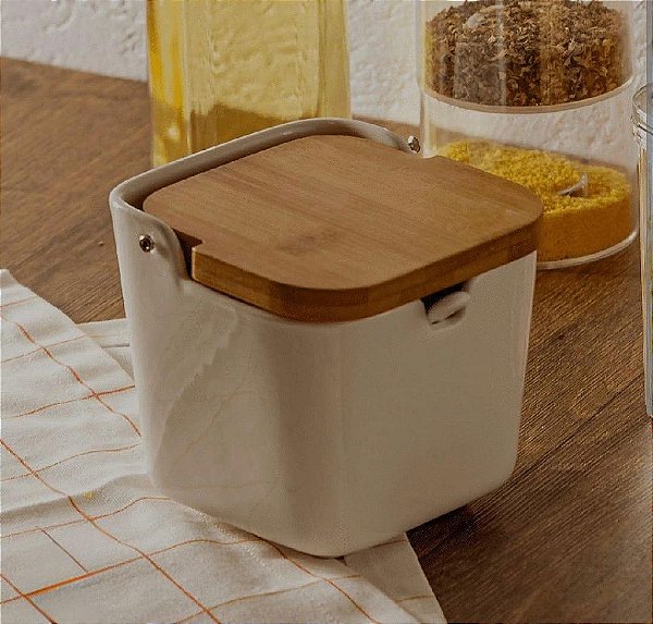 SALEIRO DE MESA DE CERAMICA C/TAMPA DE BAMBU E COLHER BIANCO 10CM X 10,5CM X 10CM