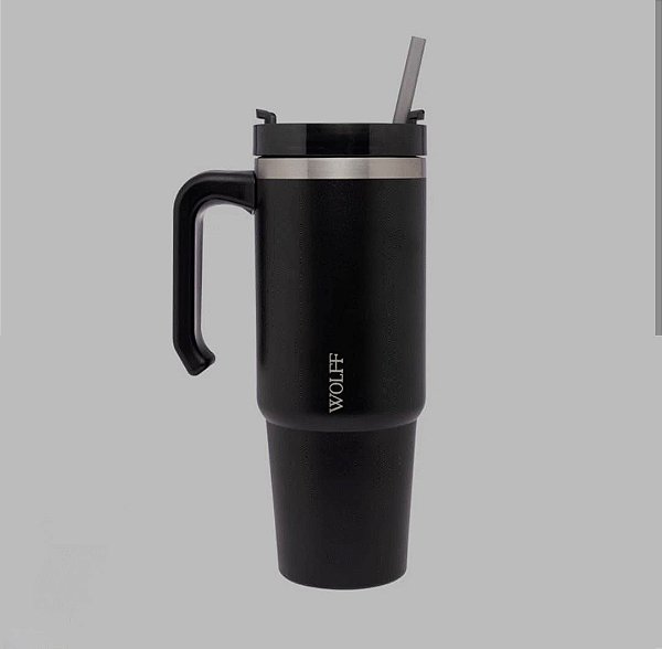 CANECA TERMICA PAREDE DUPLA SLIMTERM COM BASE ERGONOMICA E CANUDO PRETA 890ML