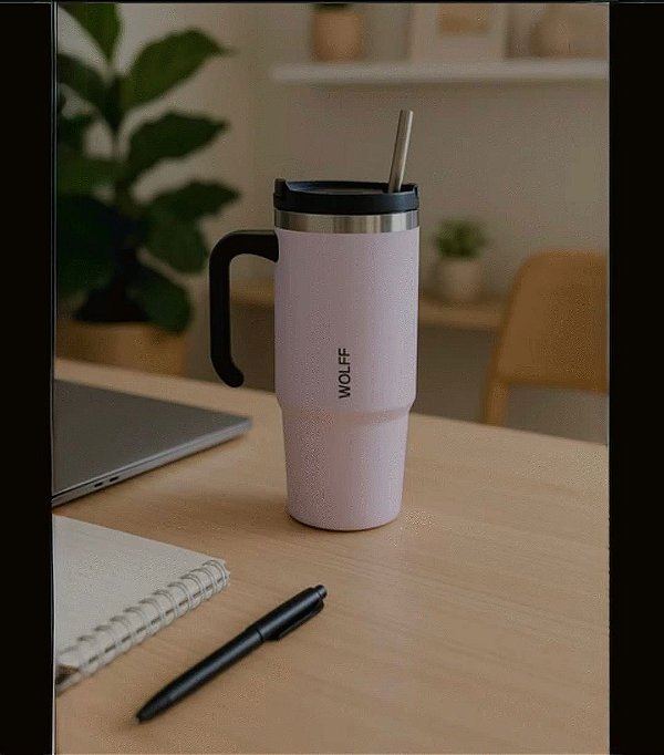 CANECA TERMICA PAREDE DUPLA SLIMTERM COM BASE ERGONOMICA E CANUDO ROSA 890ML