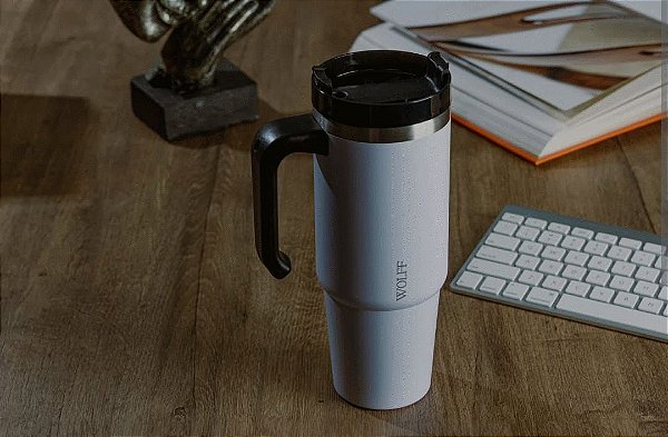 CANECA TERMICA PAREDE DUPLA SLIMTERM COM BASE ERGONOMICA E CANUDO BRANCA 890ML