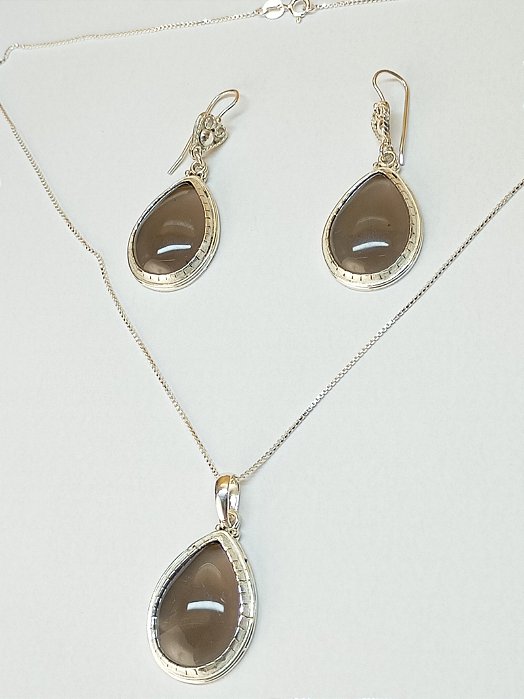 Conjunto Quartzo Fumê (Cabochão)
