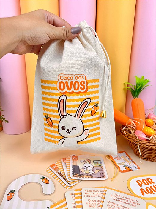 Kit Caça aos Ovos - Saquinho de Algodão e Pistas