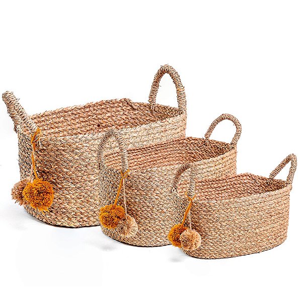 Cesto de Fibra Pompom - Jogo 3 Peças