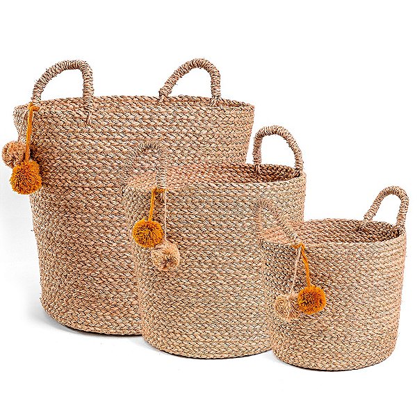 Cesto de Fibra Alta Pompom - Jogo 3 Peças