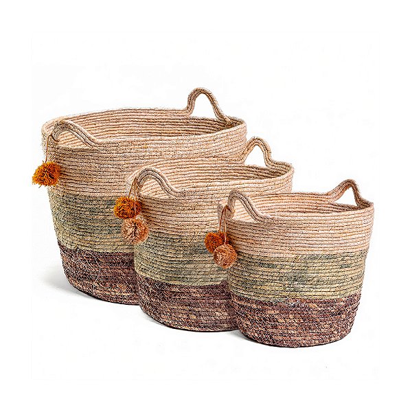 Cesto de Fibra Redondo Tricolor - Jogo 3 Peças