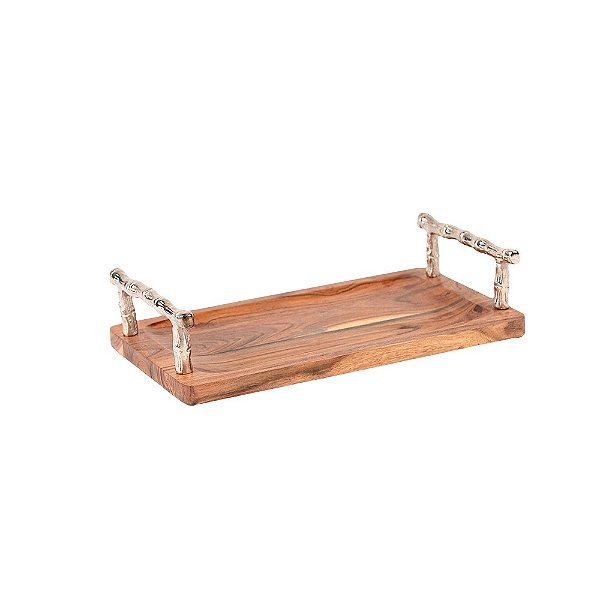 Bandeja de Madeira Com Alça de Metal M