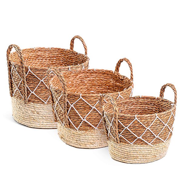 Cesto de Fibra Natural Alças Bicolor - Jogo 3 Peças