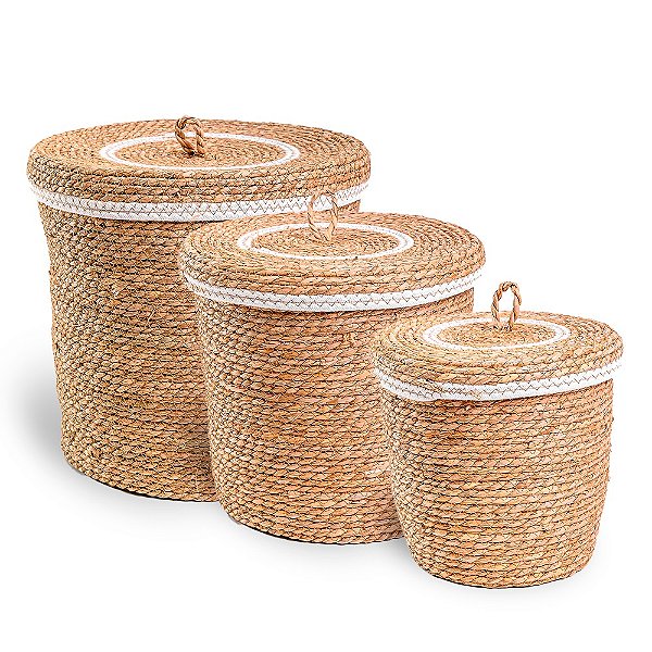 Cesto de Fibra Com Tampa Redondo - Jogo 3 Peças