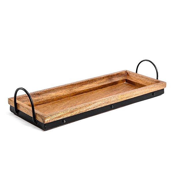 Bandeja de Madeira Com Alças de Metal Redondas