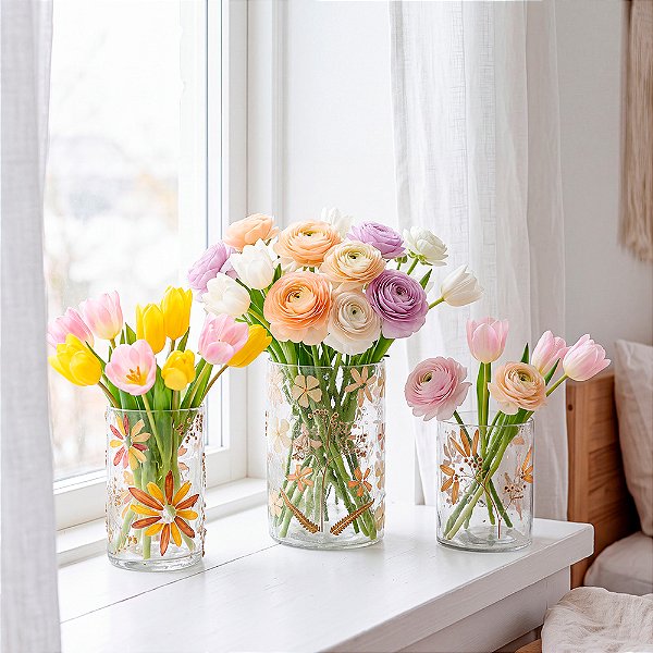 Kit 3 Vasos de Vidro Floral Decorativos p/ Flores Plantas