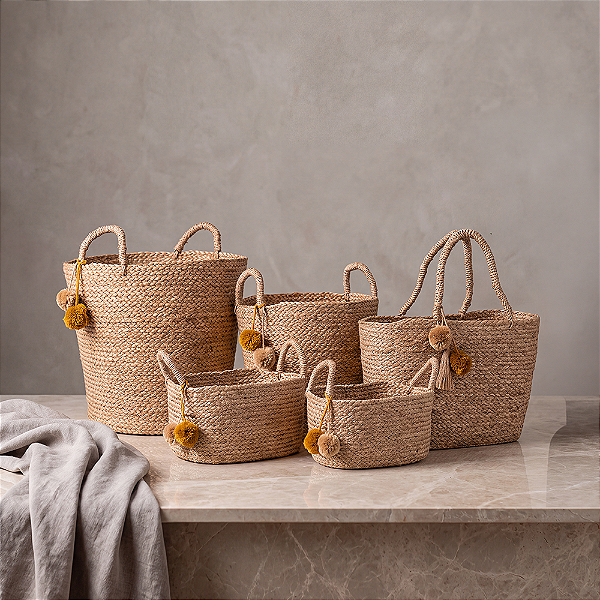 Kit Cestos de Fibra Natural Pompom Boho Organizadores