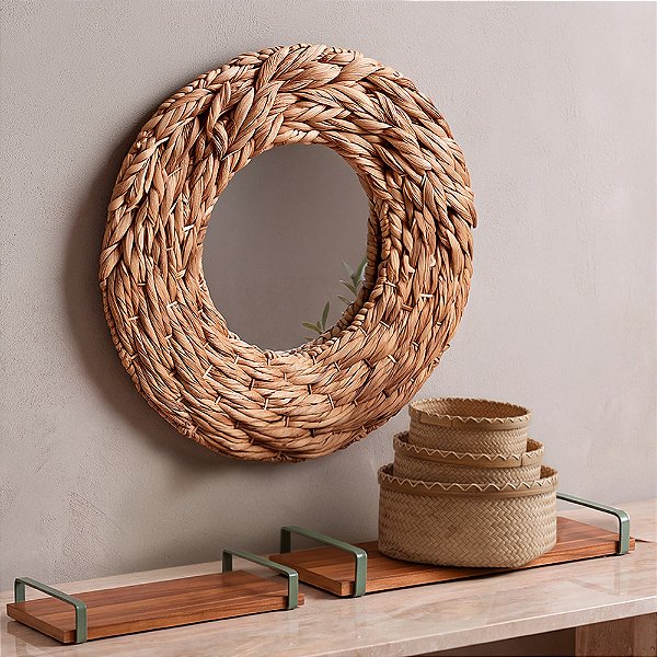 Kit Decoração Natural Espelho de Fibra Bandeja e Cesto