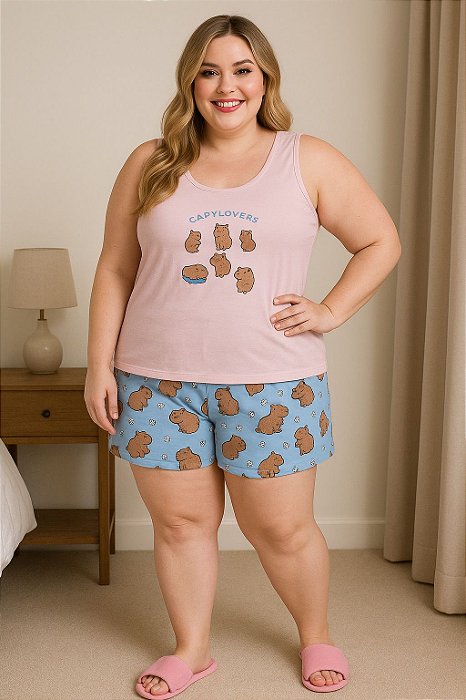 Pijama Feminino Plus Size Regata em Suede – Estampa Capivara