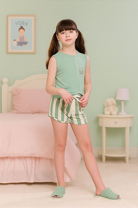Pijama Regata Feminino Infantil Juvenil em Viscose - Regata com Short Listrado