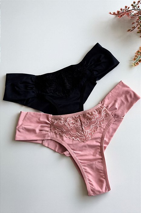 Kit 2 Calcinha Microfibra com Laterais Duplas e Renda Fio Duplo