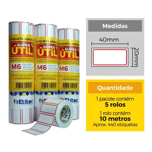 ETIQUETA M6 40X20 C/05 ROLOS - 10MTS CADA