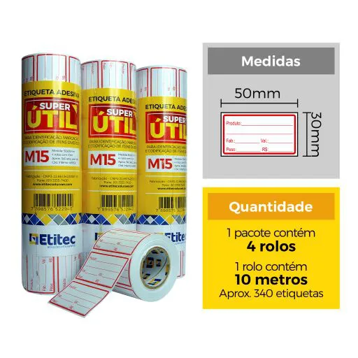 ETIQUETA M15 50X30 C/04 ROLOS - 10MTS CADA