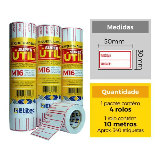 ETIQUETA M16 50X30 FAB/VAL C/04 ROLOS - 10MTS CADA