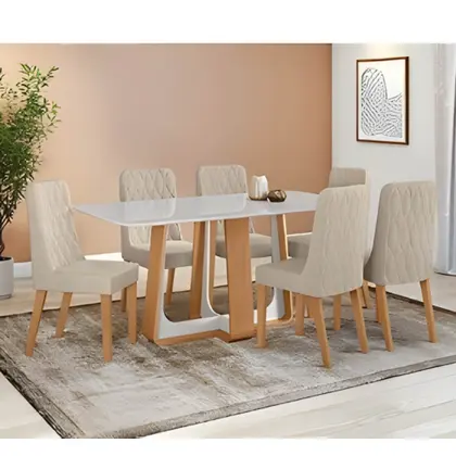 Mesa Lopas Sintonia com 6 Cadeiras Astrid – Amêndoa Clean