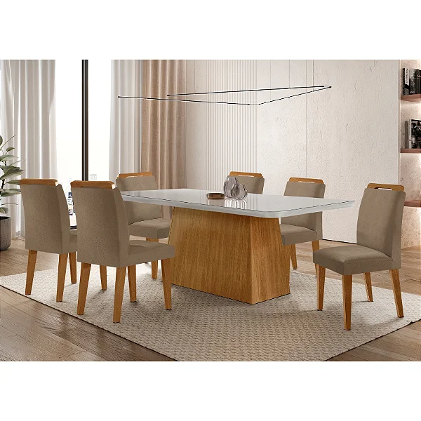 Mesa Rufato Luna 1,80m com Vidro Off White + 6 Cadeiras Dafne – Imbuia