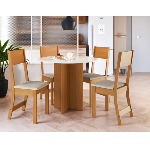 Conjunto Mesa Indekes Alice com 4 Cadeiras 0,90 Redonda Freijó/Off White 1475 Tecido Cacau