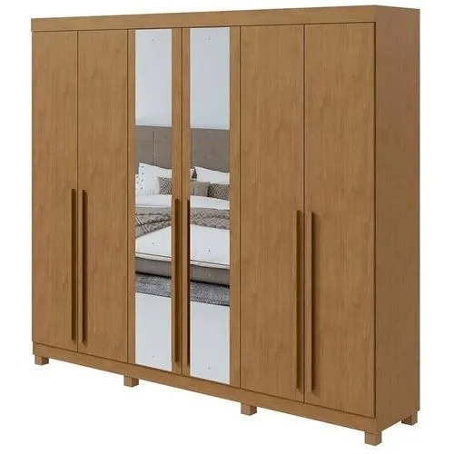 Guarda-Roupa Lopas Bertha 6 Portas com Espelho e Kit Gavetas – Amêndoa Clean