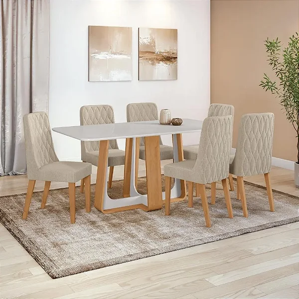 Conjunto Mesa Lopas Sintonia com 6 Cadeiras Luar – Amêndoa Clean / Off White