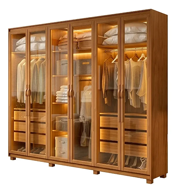 Guarda-Roupa Lopas 6 Portas Glass com Pés e LED – Suavita Amêndoa Clean