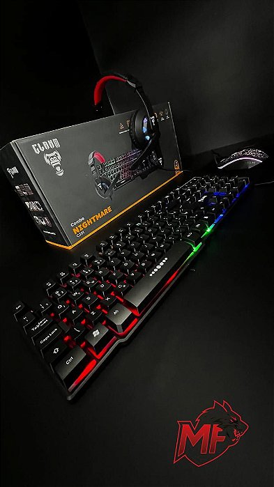 Kit Gamer Clanm Teclado Mouse Headset Mousepad Kit Nightmare Usb Com Iluminação RGB Teclas De Atalho
