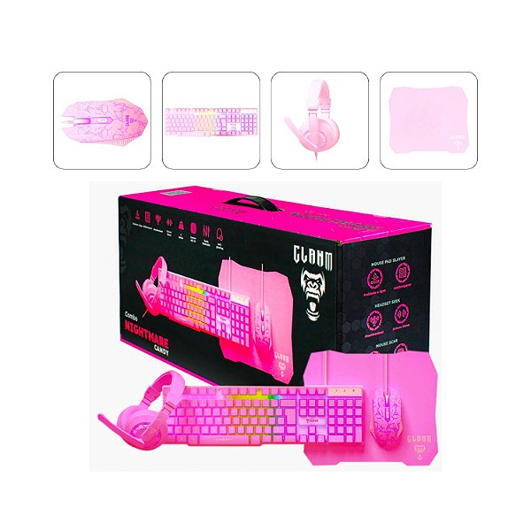 Combo Gamer 4X1 (Teclado+Mouse+Headset+Mousepad), Clanm Candy, Led RGB, Rosa