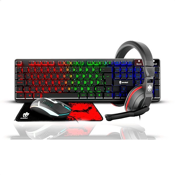 Combo Gamer 4X1 (Teclado+Mouse+Headset+Mousepad), Evolut, Led RGB, Preto - EG54