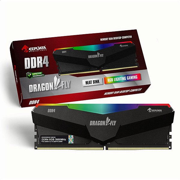 Memória RAM Gamer Para Desktop DDR4, 8GB, 3600MHz, Keepdata Dragonfly, RGB, Com Dissipador, CL18, Preto - KDHRGB36C18B/8