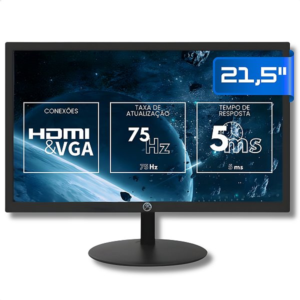 Monitor 21.5" HD, Brazil PC, 75Hz, 5ms, VGA e HDMI, VESA, Preto - 22WR-75