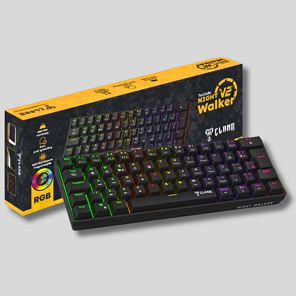 Teclado Mecânico Gamer 60%, Clanm WALKER V2 Night, RGB, USB, Switch Hot Swap Red, Preto