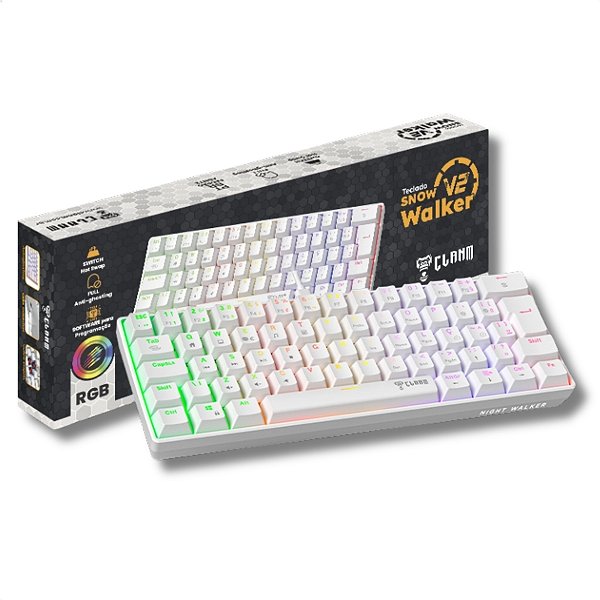 Teclado Mecânico Gamer 60%, Clanm WALKER V2 Snow, RGB, USB, Switch Hot Swap Red, Branco