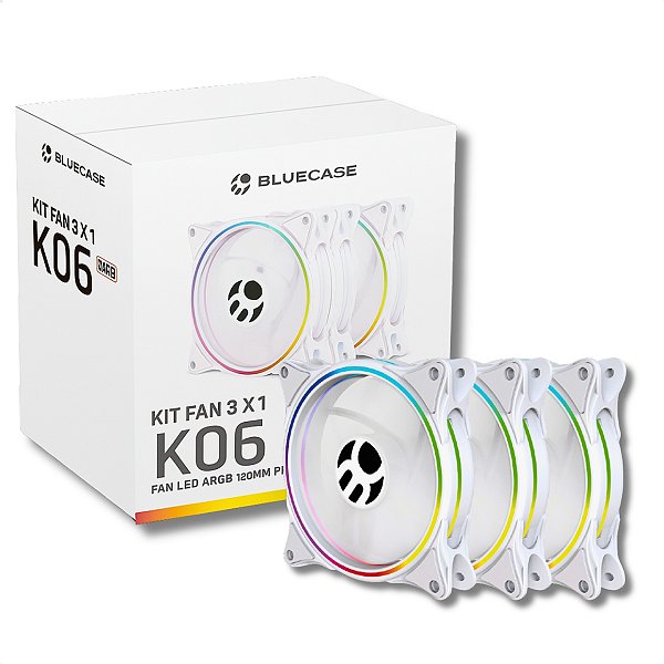 Ventoinha Cooler FAN (Kit Com 3 FAN + Controladora + Controle), Bluecase K06ARGB, 120mm, Led ARGB, 4 Pinos + 5v3, Branco