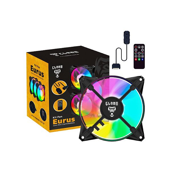 Ventoinha Cooler FAN (Kit Com 3 FAN + Controladora + Controle), Clanm Eurus, 120mm, Led ARGB, 4 Pinos + 5v3, Preto