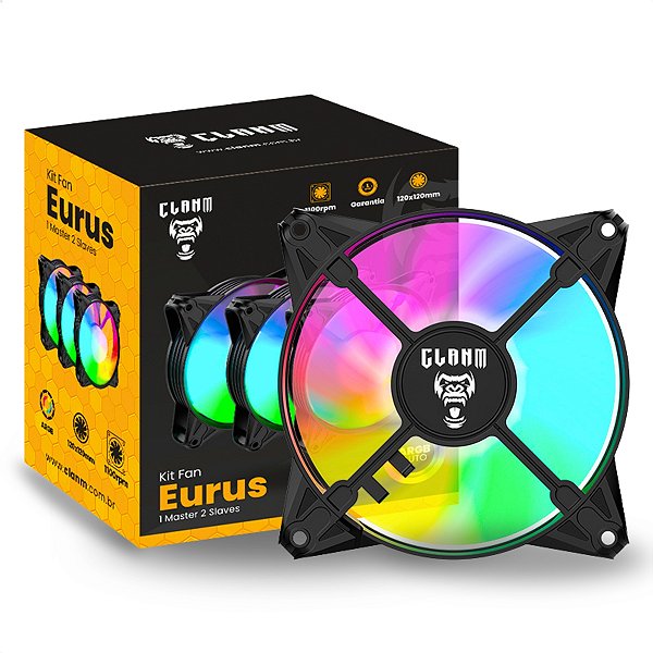 Ventoinha Cooler FAN (Kit Com 3 FAN), Clanm Eurus, 120mm, Led RGB, 4 Pinos, Preto