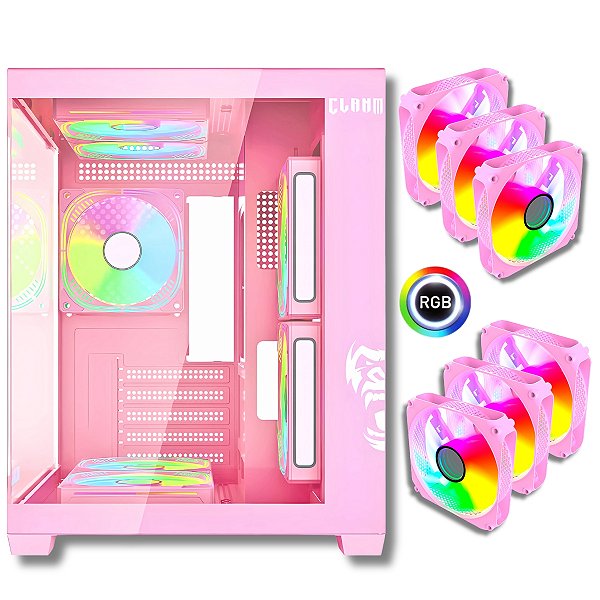 Gabinete Gamer Aquário Com 6 Fans, Clanm Candy, Tower, Micro-ATX/ITX, Vidro Temperado Lateral , Rosa
