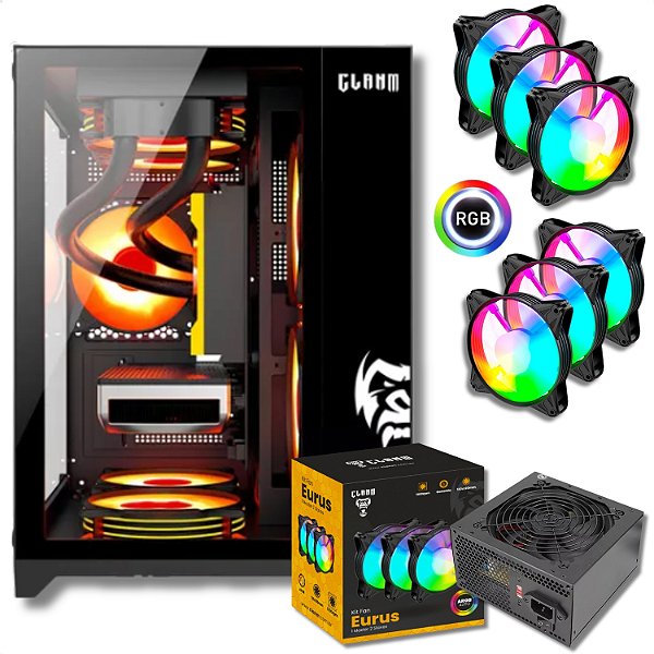 Gabinete Gamer Aquário Com 6 Fans, Clanm Grodd Night + Fonte 500W, Preto