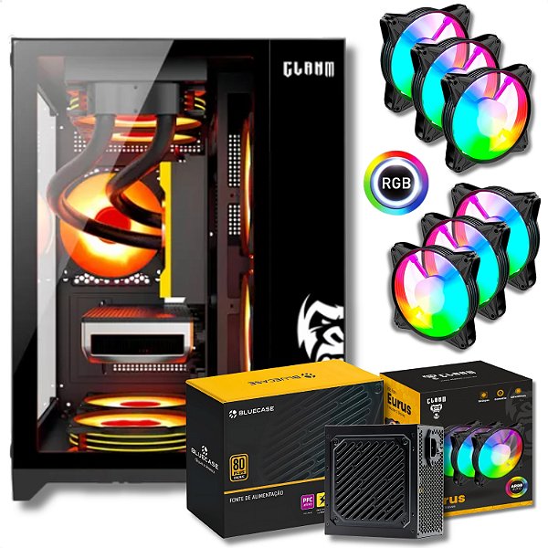 Gabinete Gamer Aquário Com 6 Fans, Clanm Grodd Night + Fonte 600W 80 Plus, Preto